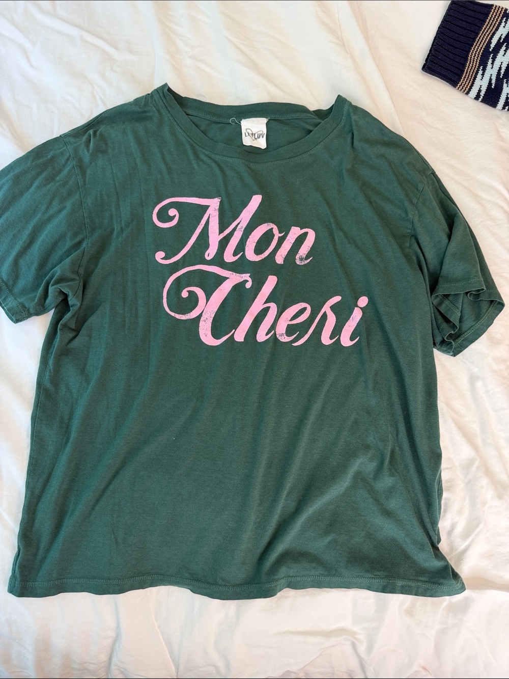 Letluv Mon Cheri Graphic Long Sleeve Tee in Dark Green with Pink Script